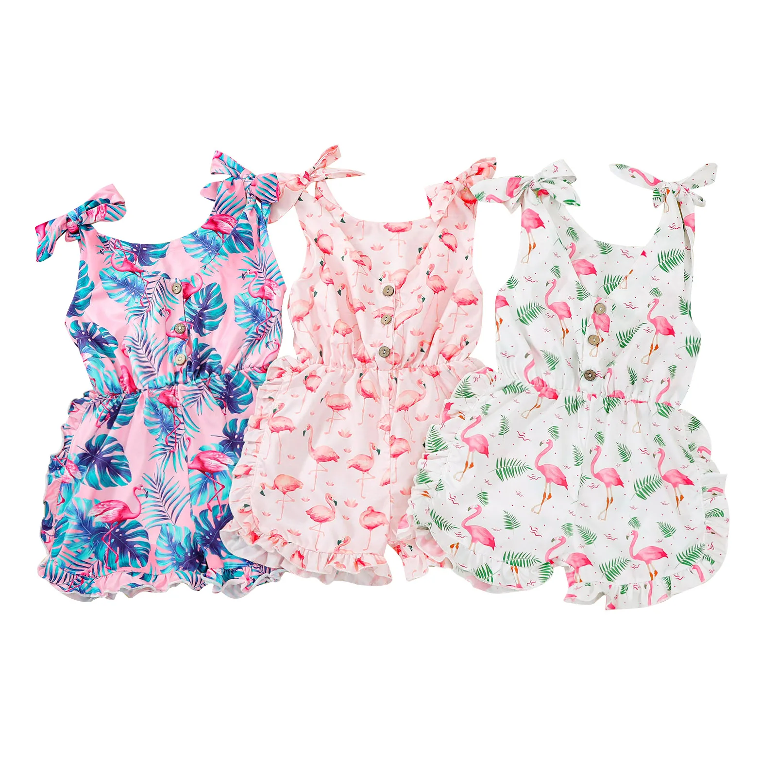 

Летний однобортный комбинезон без рукавов с принтом фламинго и листьев, на бретелях, дышащий Комбинезон для маленьких девочек, милый