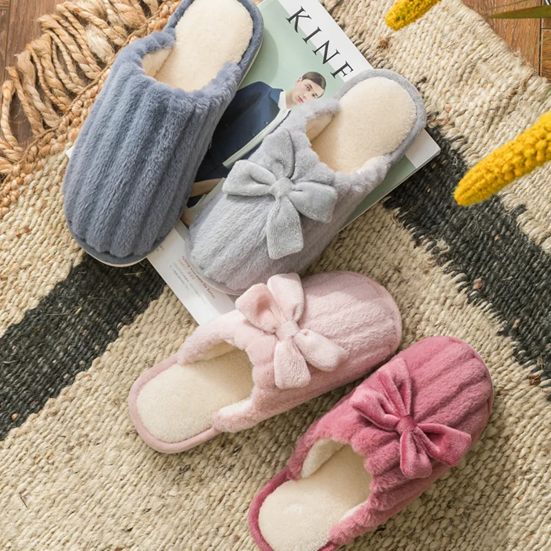 Winter Women Fluffy Slippers Butterfly-knot Floor Slipper Plush Fleece Flat Home Cotton Shoes For Couple Lady Indoor Slipper