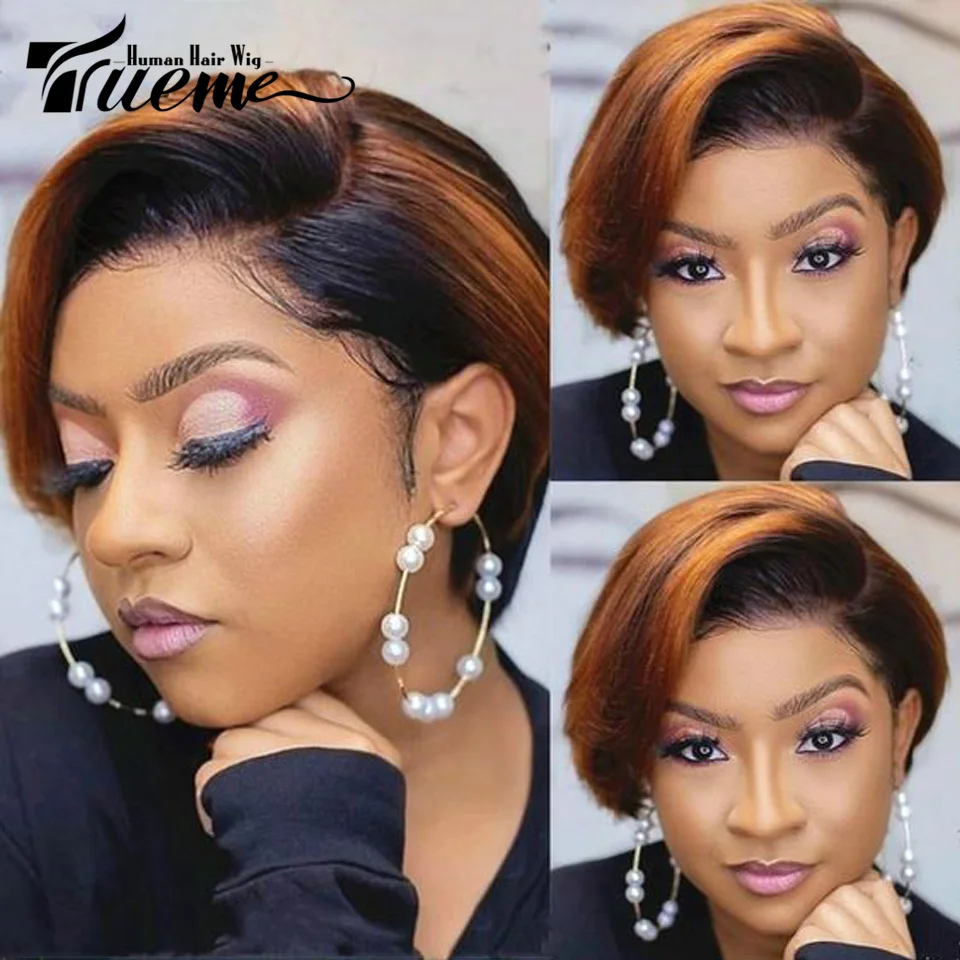 

Trueme Short Bob Human Hair Wigs Ombre Blonde Pixie Cut Human Hair Wig For Black Women Remy Brazilian Cheap Full Wig With Bangs