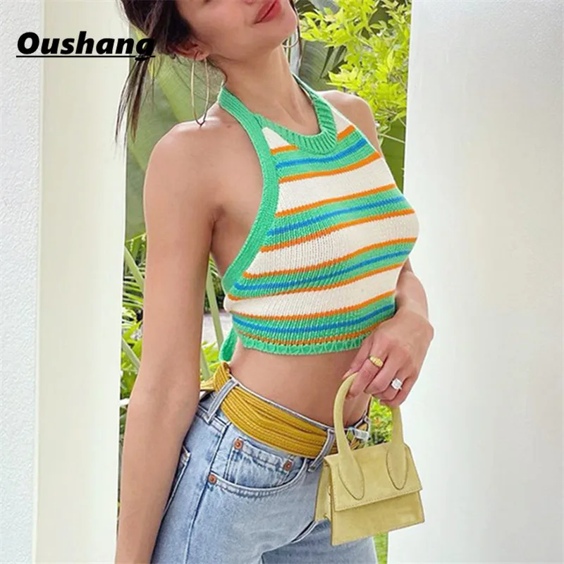 

2021 Summer Stripe Knitted Halter Neck Crop Top Women Backless Green Sleeveless Blue Off Shoulder Y2K Bandage Sexy Tank Top