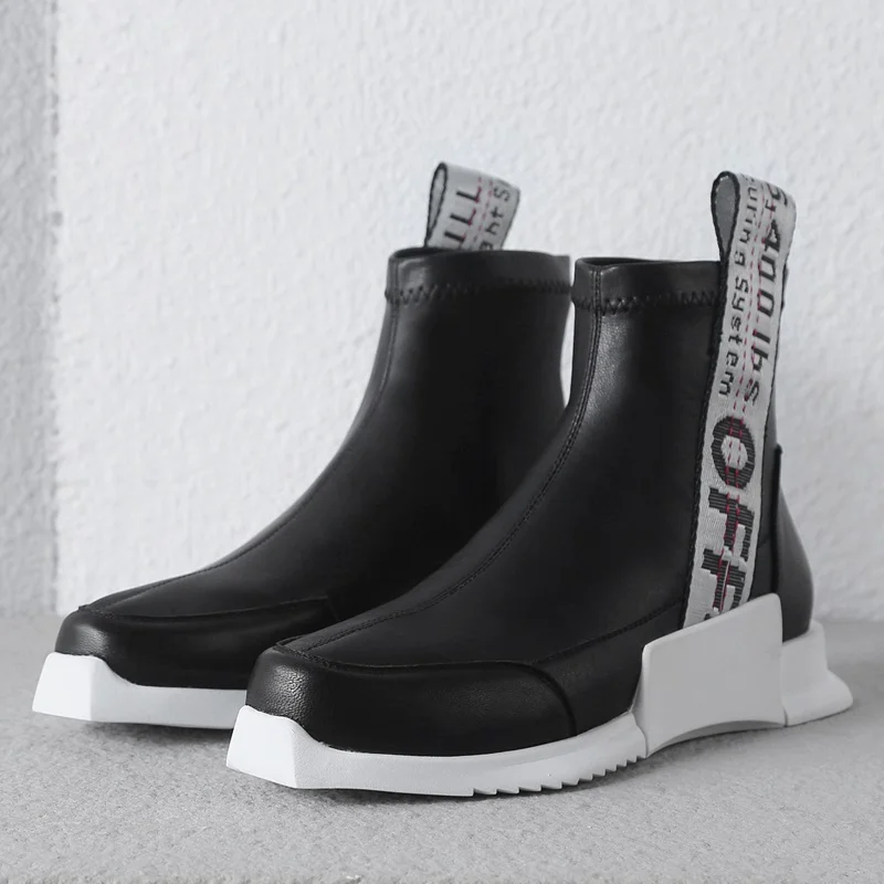 leather black ZVQ/ г. Новые Модные осенние ботильоны удобная женская обувь без застежки с круглым носком на низком каблуке Прямая, размер 34-39 - Цвет: leather black