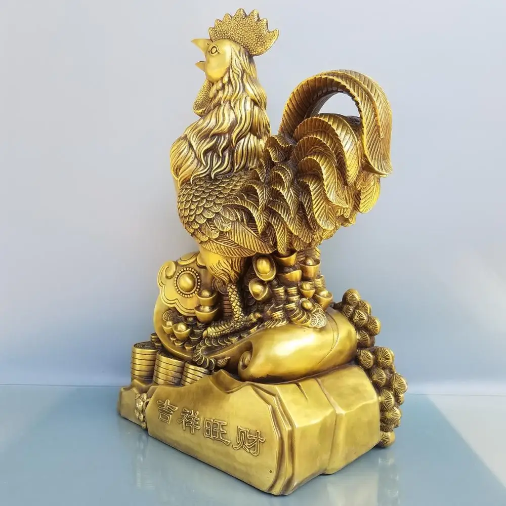 

26" Chinese Seikos Brass Chinese Zodiac Chicken Statue Rooster Stepping On Ingot Auspicious Wangcai Chicken Lucky fortune