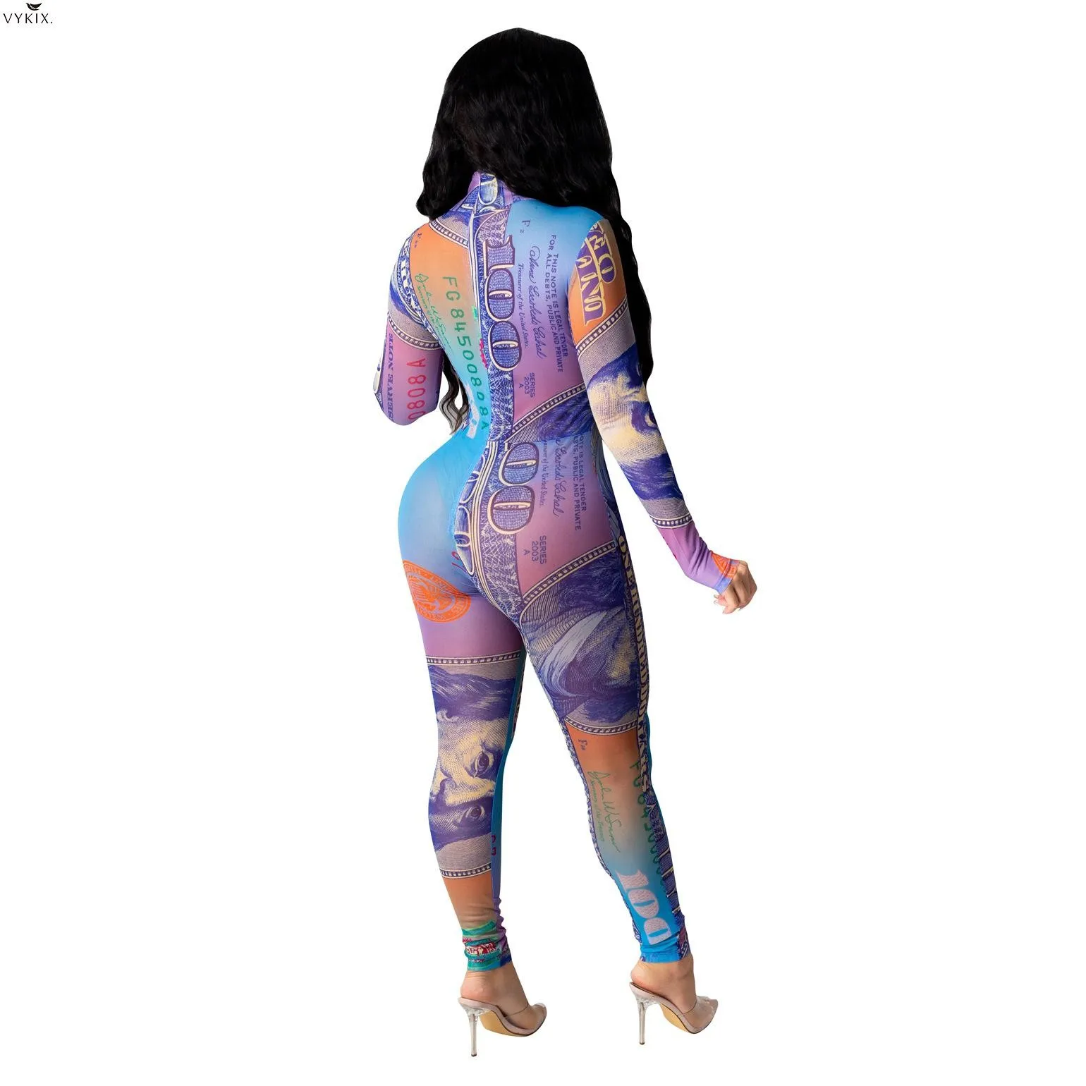 

Fashion Us Dollar Print One Piece Rompers Womens Jumpsuits Long Sleeve Sexy Club Party Bodycon One-piece Zipper Overalls Outfits