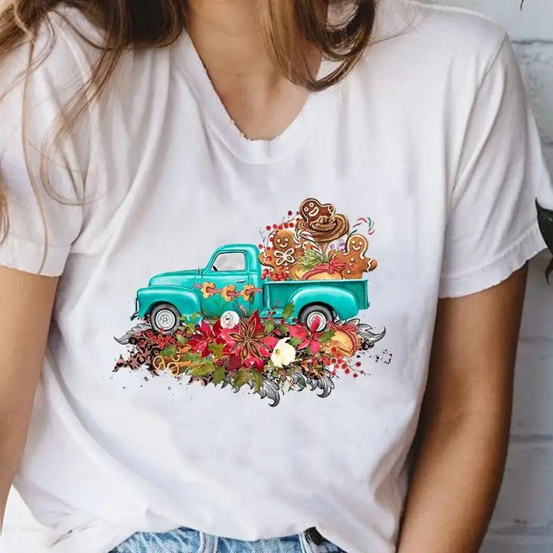 

Women T-shirts Flower Truck Festival Christmas Holiday Fashion Cartoon Print Female Graphic T Top Female Shirt Tee T-Shirt