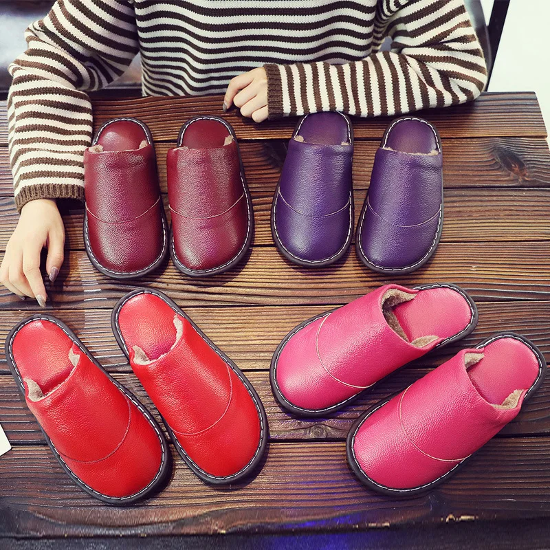 

Women Genuine Leather Home Plush Slippers Warm Comfortable Non-slip House Flip Flop Men Slides Indoor Couple Soft Slipper Unisex