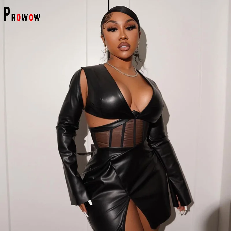 

Prowow Fashion Women Dress Black Pu Leather Backless Hollow Out Sexy Mini Dresses for Party Night Club Zipper V-neck Costume