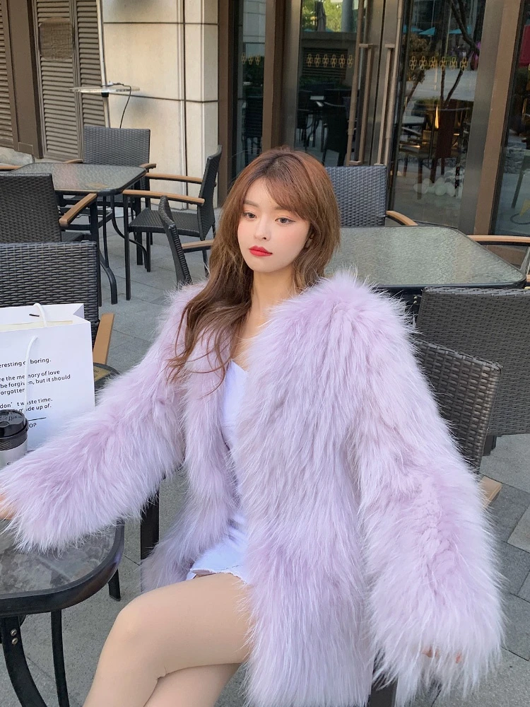 

Женская Шуба из натурального меха енота, фиолетовая длинная свободная уличная шуба, теплая верхняя одежда, зима 2021