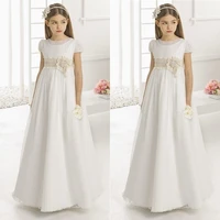 elegant flower girl dresses for wedding champagne sash short sleeve tulle o neck children first communion dress pageant gown