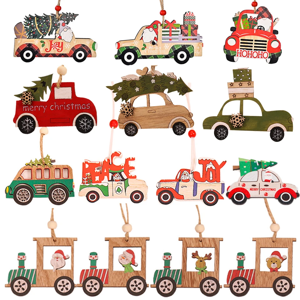 

1set Christmas Wooden Colorful Car Pendants Xmas Tree Hanging Ornaments for Navidad Christmas Tree Decoration Kids Noel Gifts