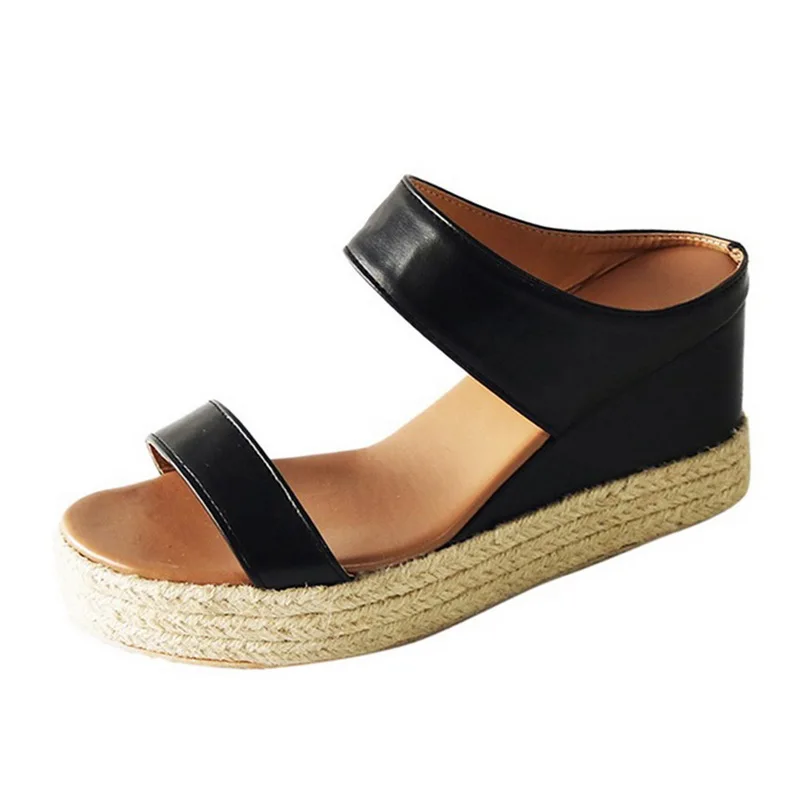 

Women Sandals Solid Slip-On Straw Open Toe Thick Bottom Wedges Casual Shoes Plus Size Summer Beach Sandals Slippers Shoes