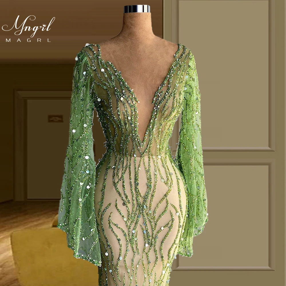 

MNGRL Luxury Evening Dress One-shoulder Long Sleeves Hand-applied Diamonds Glittering 2021 New Evening Dress Party Dress