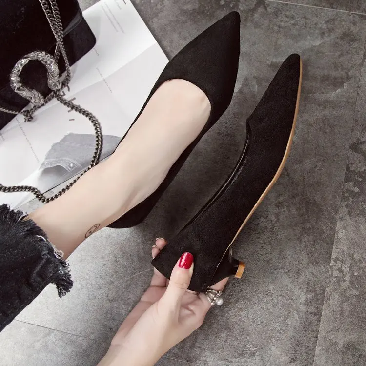 Shoes female 2019 new shallow mouth women's shoes high heels pointed suede black female low with single shoes women