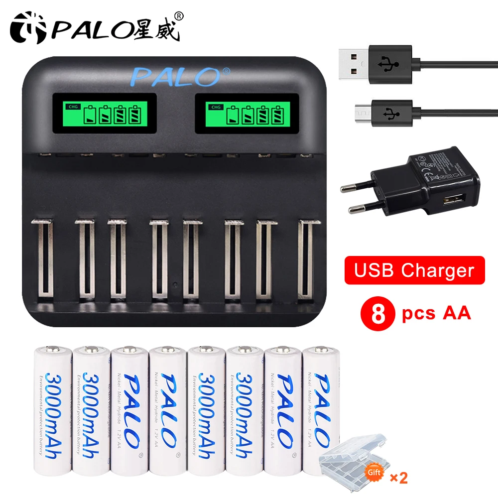 

PALO 1.2V nimh AA rechargeable battery aa batteries 3000mAh + LCD charger for 1.2V AA AAA C D batteries