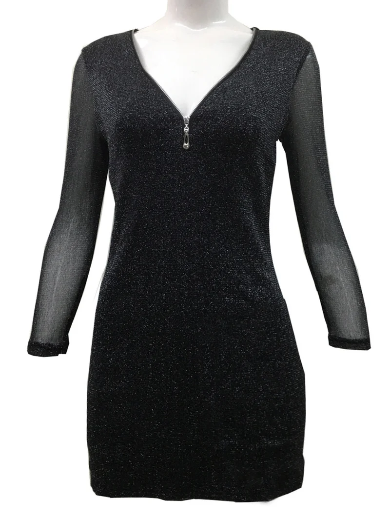 

Spring and Autumn New Ladies Dress Sexy Bag Hip V-neck Slim Shiny Long-sleeved Pure Color Temperament Woman Short Skirt WE171