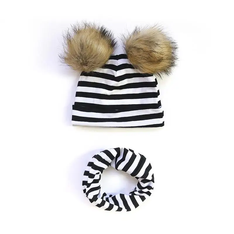 

Baby Cute Hats Newborn Kids Boy Girls Autumn Winter Double Hairball Pom Hats Bib Scarf Set Leopard Floral Striped Beanie Cap