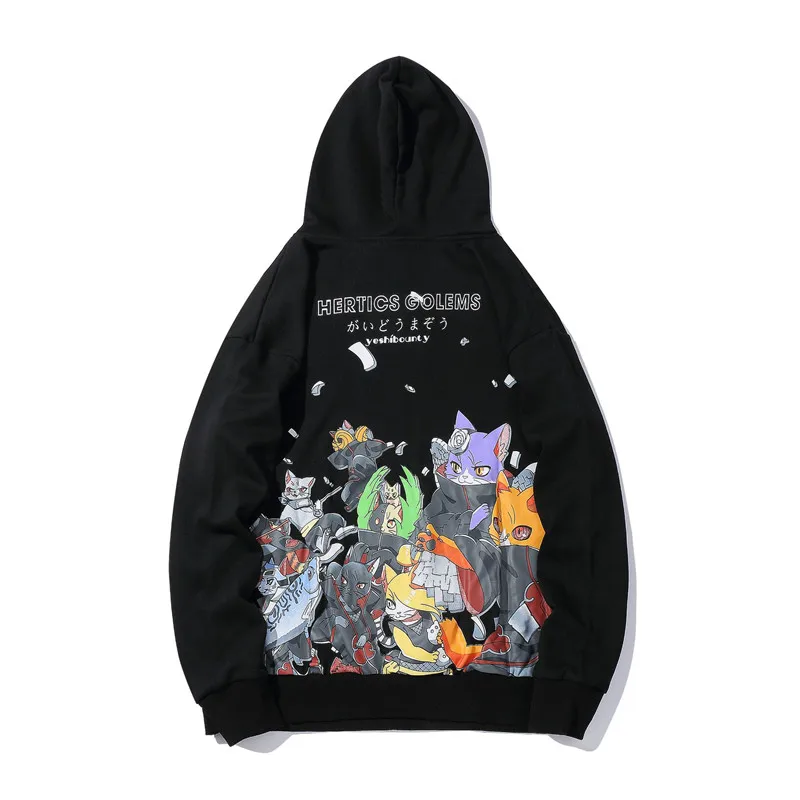 Men Hip Hop Hoodie Sweatshirt Anime Cat Japanese Cartoon Streetwear Harajuku Hoodies Pullover Loose Autumn Black Sweat Shirts | Мужская