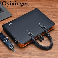 oyixinger leather laptop bag male business briefcase for 14inch laptop casual a4 document storage large capacity handbag for men