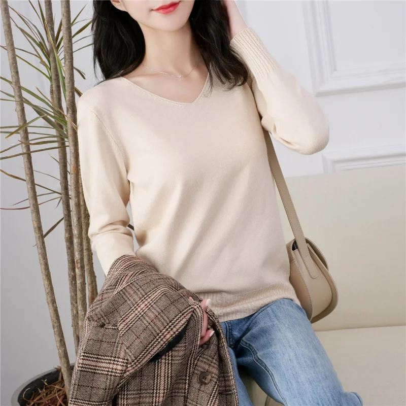 

New Spring V-neck Pullover Sweater Women's Fashion Pure Color Lazy Style Thin Basic Jumper Female Elegant Soft Knitting Cothes