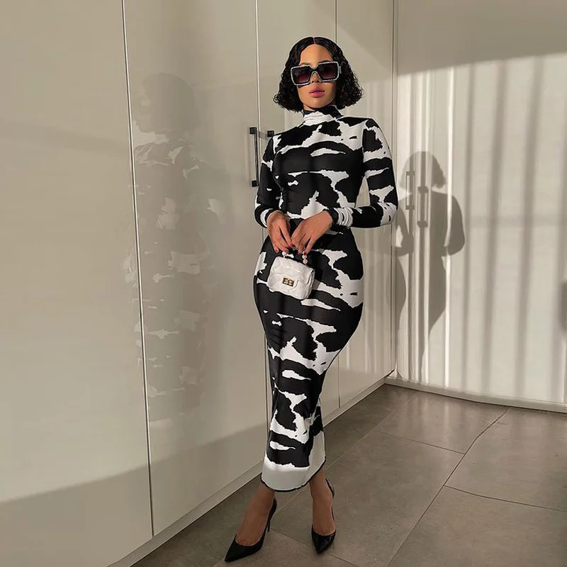 Женское осенне зимнее платье макси с длинным рукавом и высоким воротом|Женские