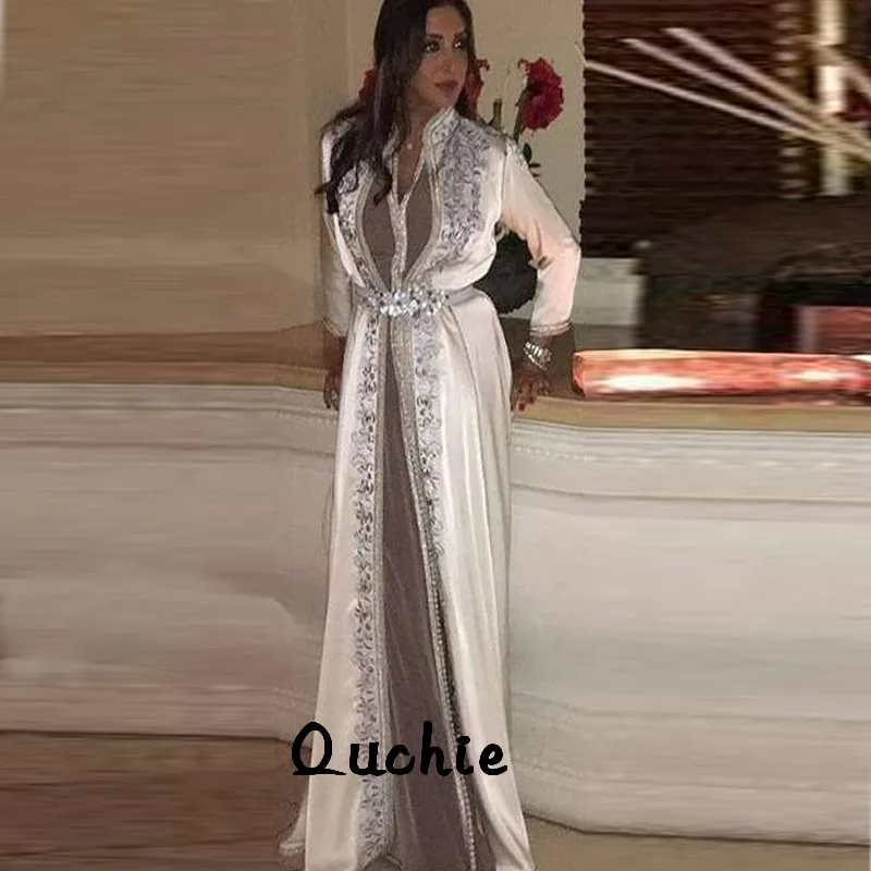 

Vintage Gray White Moroccan Kaftan Mother Bride Dresses Appliques Belt Arabic Muslim Special Occasion Formal Party Gown