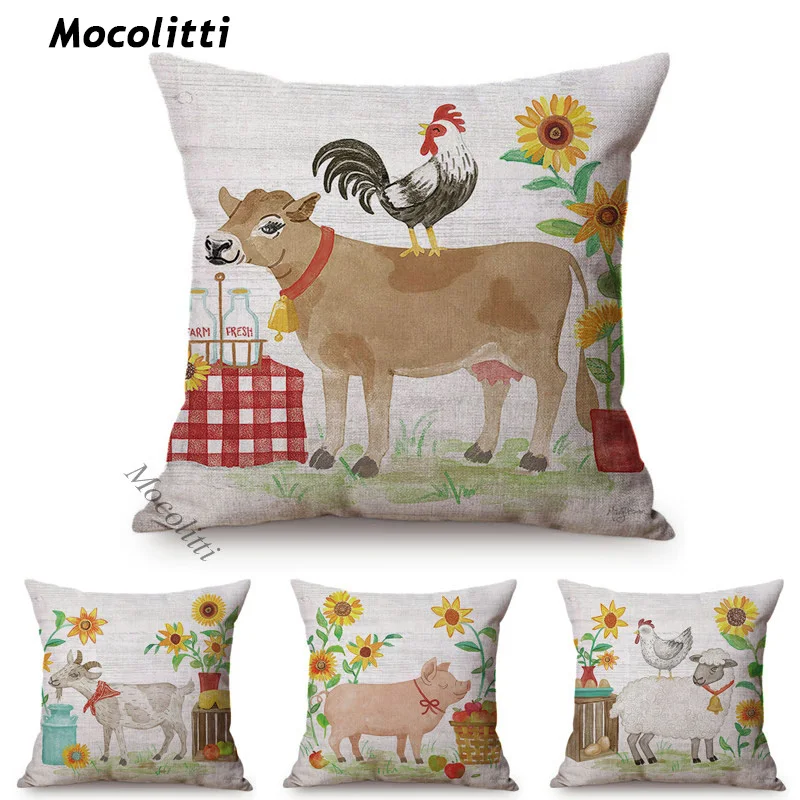 

European Farm Animals Pattern Cushion Cover Chicken Pig Cow Autumn Cornucopia Decoration Throw Pillows Linen Fabric Pillowcase