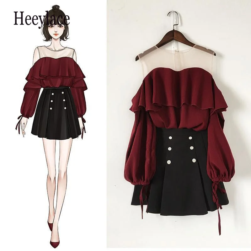 

Women Sweet Red Off Shoulder Mesh Ruffles Patchwork Long Sleeve Blouse And Black Shorts Skirts Two Pieces Sets Korean Outfiuts