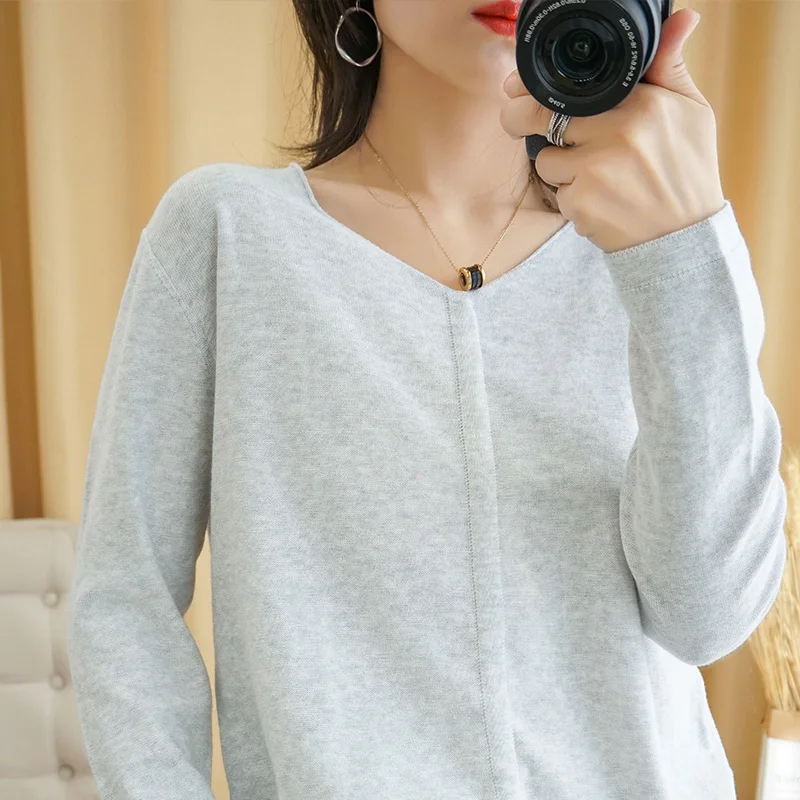 

High-Quality 100% Cotton Knittd Sweater Women Pullover Casual V-Neck Female Pullover Women Sweater Knit Tops Soft Healthy Jumper
