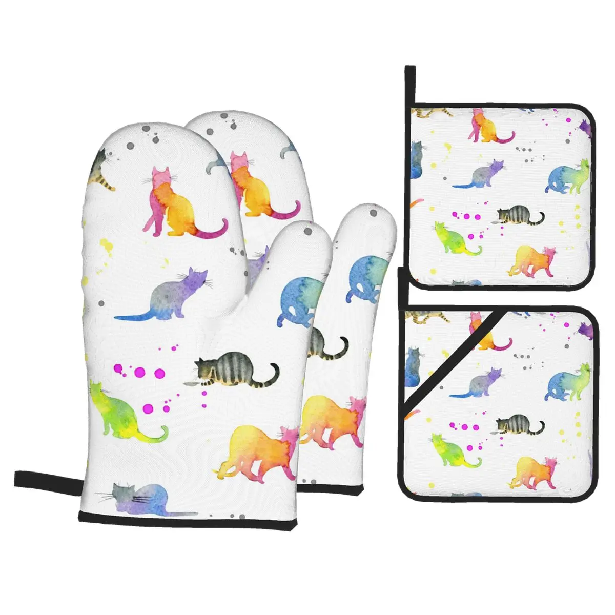 

4 Set of Kitchen Gloves Insulation Watercolor Funny Cat Pad Cooking Microwave Gloves Baking BBQ Oven Potholders Mitts