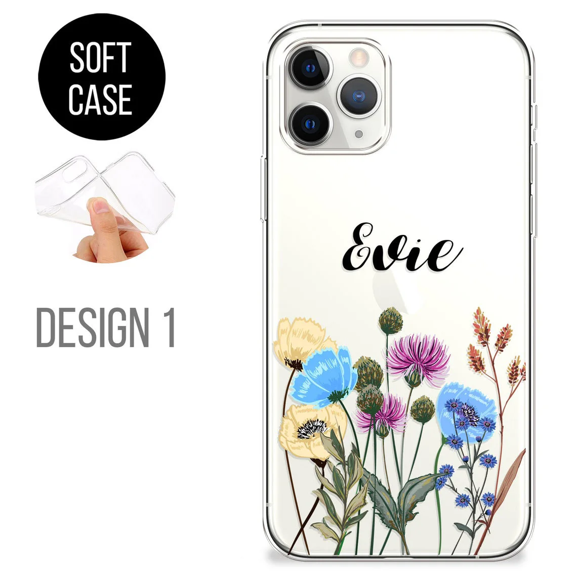 Floral PERSONALISED phone case initials name soft Transparent cover for iphone 13 11 12 14 Pro Max mini SE 7 8 Plus X Xs max Xr