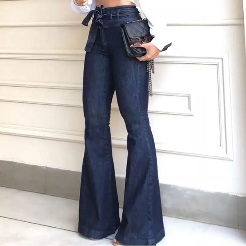 Autumn Women Blue Pockets Wide Leg Pants Sashes Belt High Waist Jeans Streetwear Lace Up Bell-Bottomed | Женская одежда