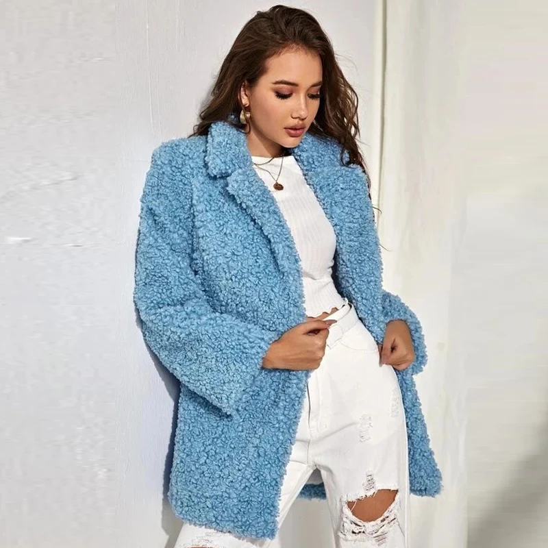 Женское пальто с мехом ягненка синего цвета теплая повседневная воротником