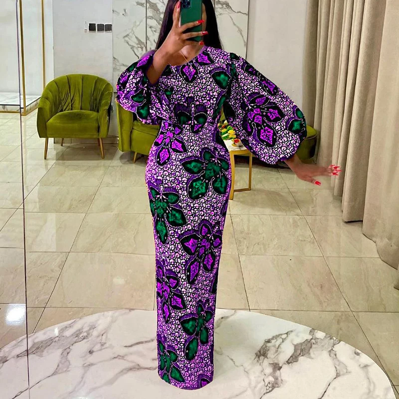 

Платье-Макси женское с круглым вырезом, Шикарное облегающее Элегантное Длинное Вечернее, с рукавами-фонариками, вечерние цветочным принтом...