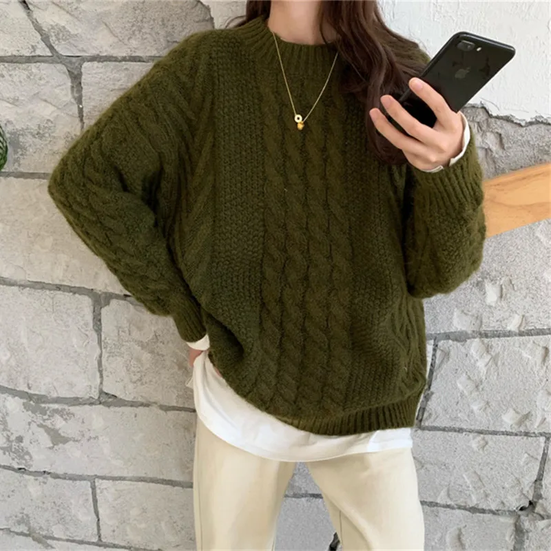 Женский вязаный свитер Hzirip толстый теплый пуловер с круглым вырезом винтажный