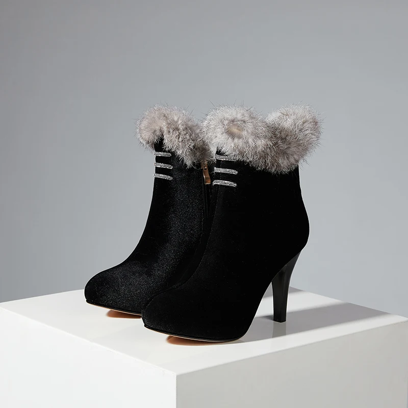 

Sexy High Heels ankle boots Dancing Shoes Woman Female Big Size Chelsea Boots Warm fur Women flock Ankle Boots