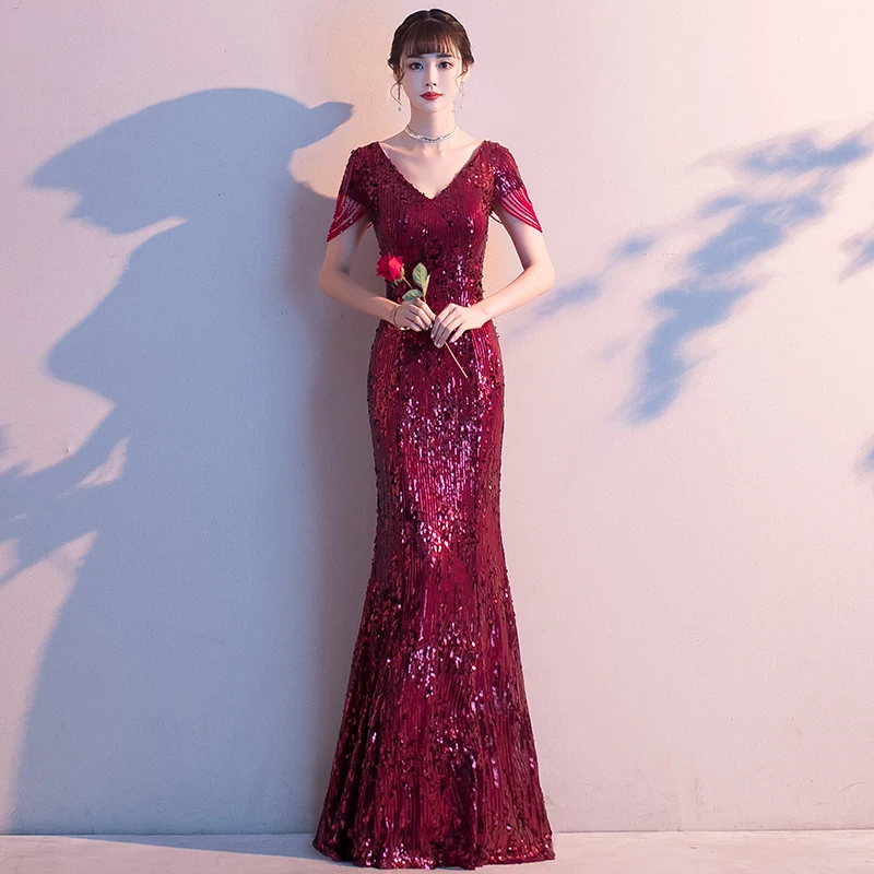 Женское вечернее платье-Русалка AE706 длинное платье с V-образным вырезом и