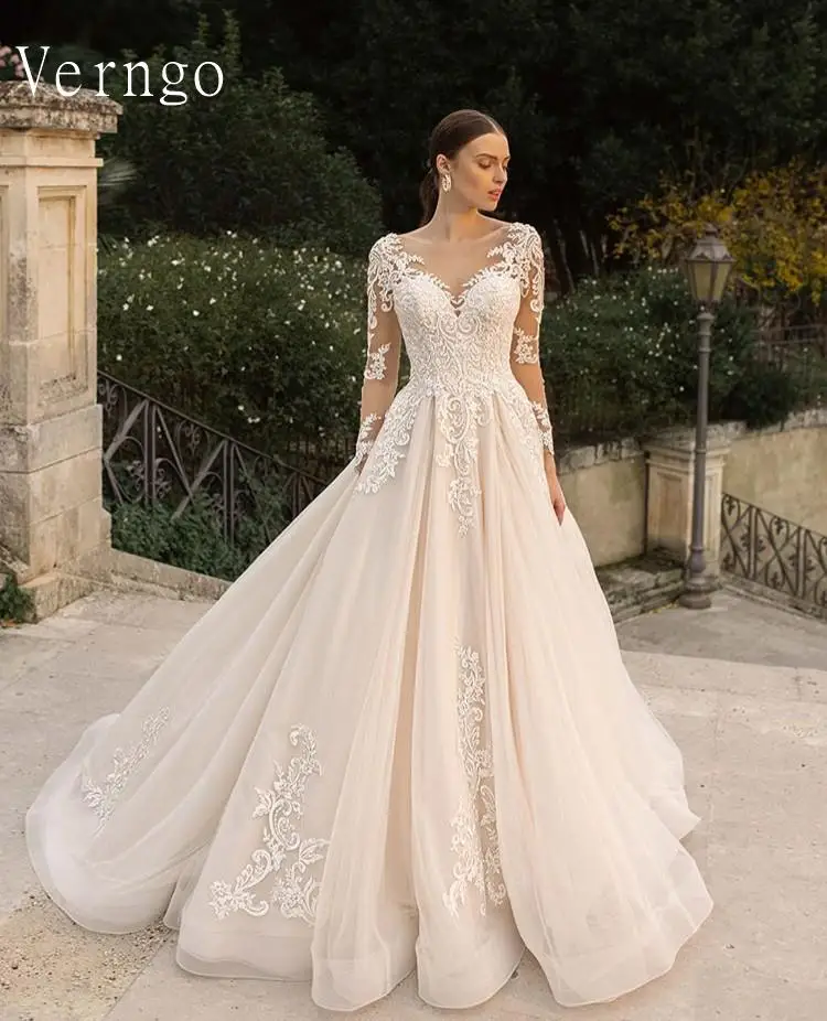 

Винтажное кружевное свадебное платье Verngo, новинка 2021, полупрозрачное женское платье трапециевидной формы, платье невесты на пуговицах, на з...