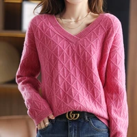 autumnwinter plaid v neck 100 pure wool elegant loose knit pullover womens cashmere fashion all match sweater best selling