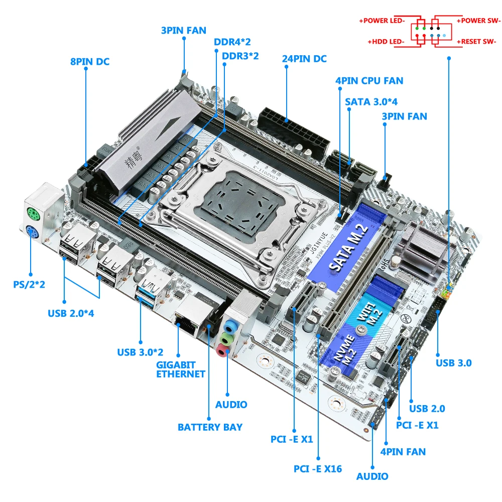 

X99 motherboard LGA2011-3 support DDR3*2 or DDR4*2 RAM Memory E5 2678 V3 E5 2696 V3 processor SATA M.2 NVME M-ATX X99M PLUS-V2
