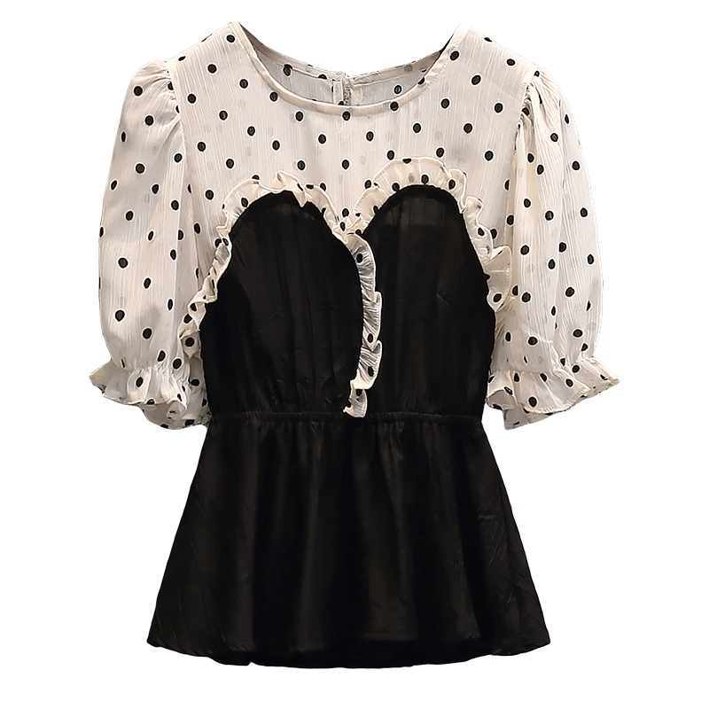 

4XL Plus Size 2021 Women Summer Elegant Polka Dot Chiffon Patchwork Black Shirts Blouse Flare Sleeve Casual Shirt Tops