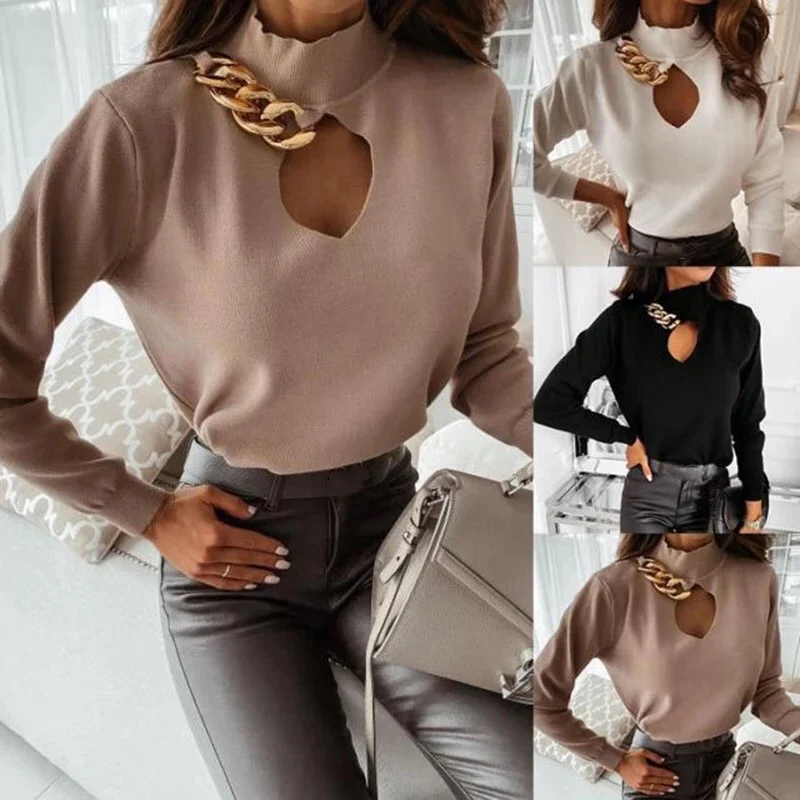 

2021 Spring New Women's Shirt Sexy Metal Chain Hollow Office Lady Shirt Elegant Turtleneck Long Sleeve Casual Female Shirt