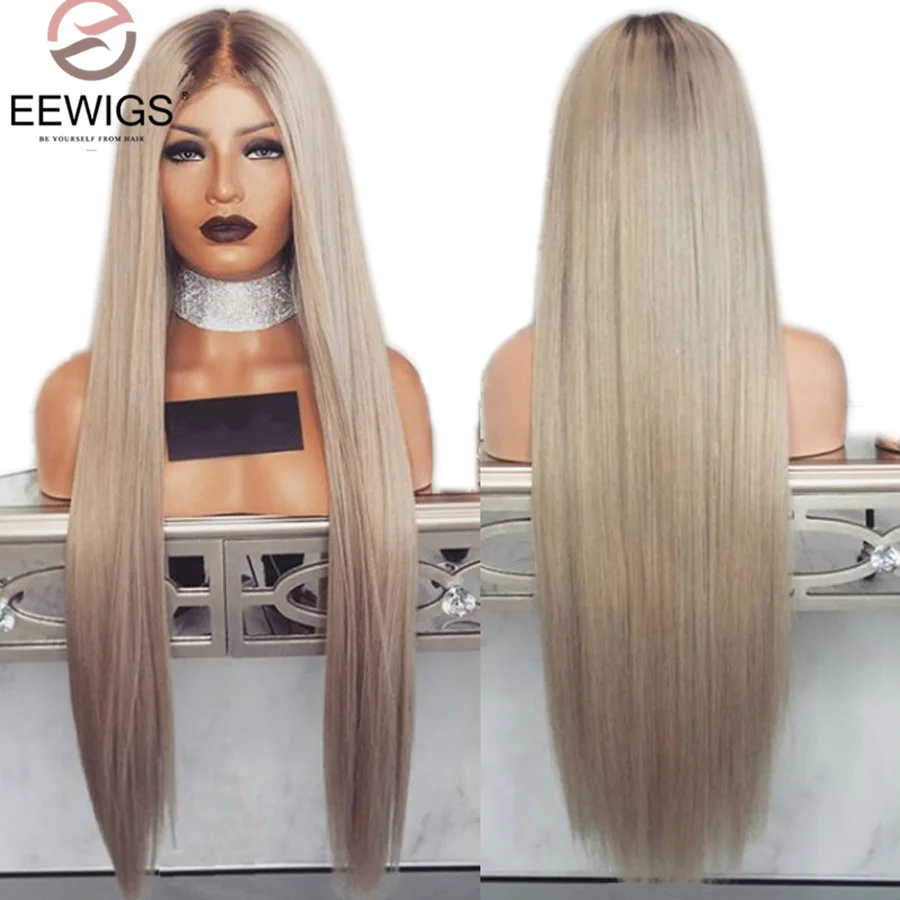 Ash Blonde EEWIGS пепельный блонд парик на кружеве с короткими корнями термостойкий синтетический парик на кружеве Омбре прямые парики для черных женщин - Цвет: Ash Blonde