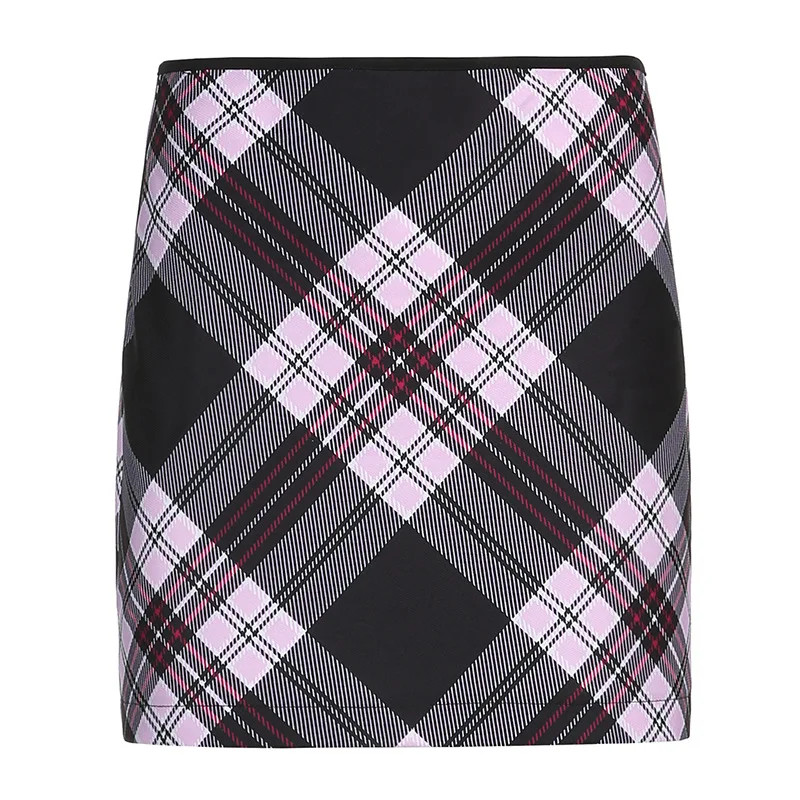 

Sexy Pink Plaid Patchwork A-line Skirt High Waist Cotton Wrap Streetwear Fashion Women Skirt