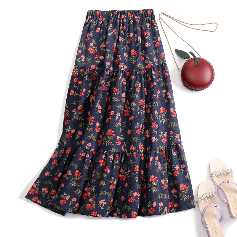 

Retro Corduroy Floral Skirt Women's Clothing Spring Autumn 2022 New High-waisted Cake A-line Skirt d1418