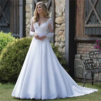 princess satin wedding dresses for women 2021 lace beaded a line long sleeve white bride dress bridal gowns vestido de noiva