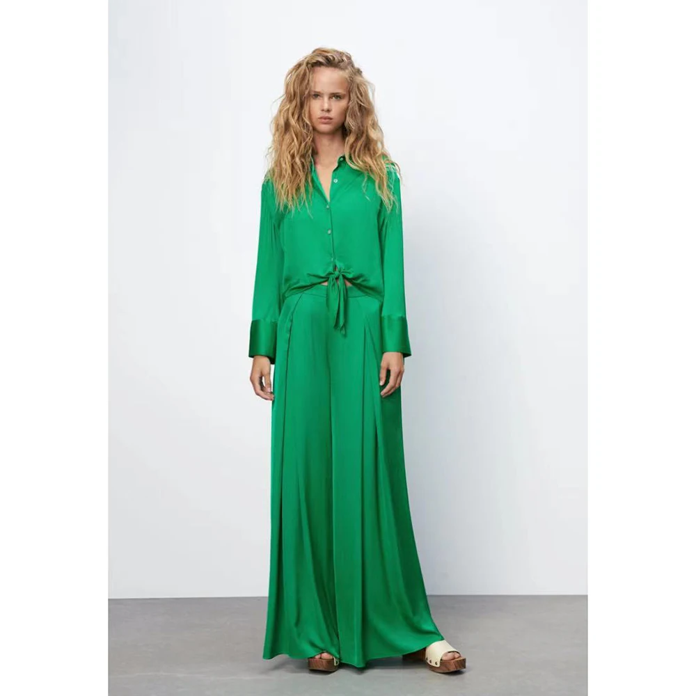 

Unizera 2021 European and American new style temperament slim bow decoration shirt High Waist Wide Leg Pants fashion suit women