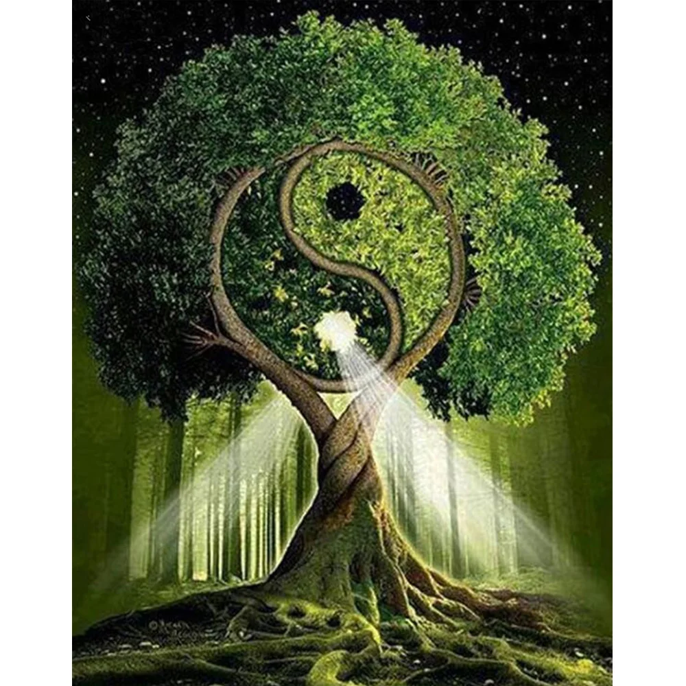 Полноразмерная/круглая Алмазная 5D картина сделай сам с пейзажем деревья Инь Ян