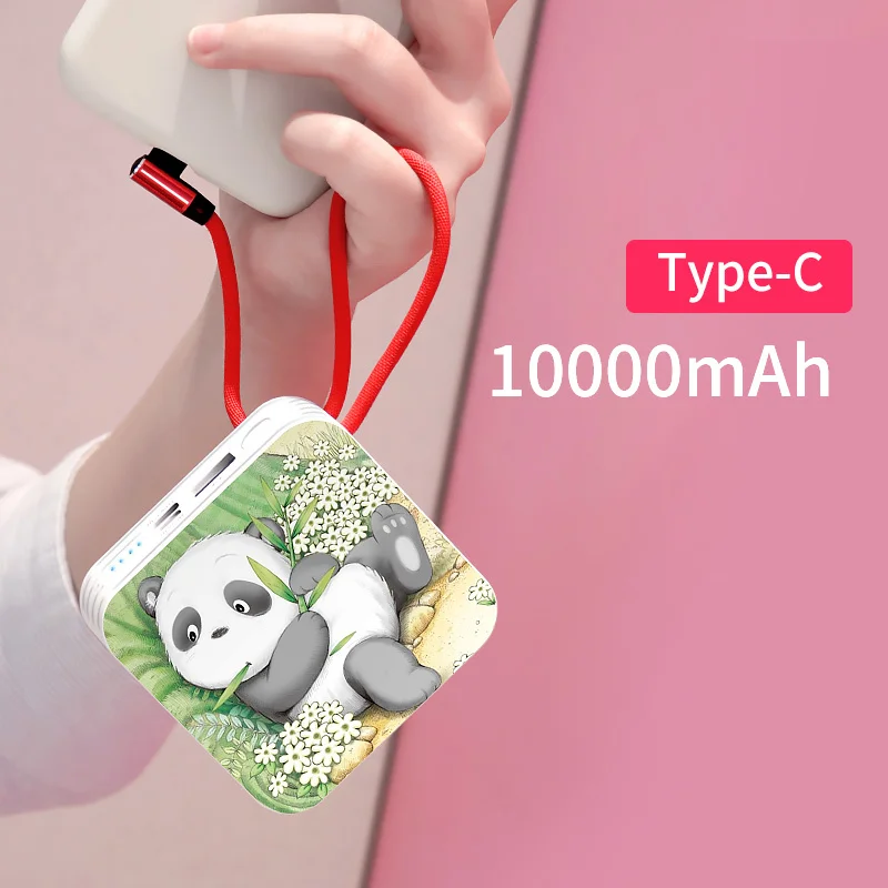 

10000mAh Mini Power Bank Chinese Panda Portable Charger Type C Built In Cable Bank Power For