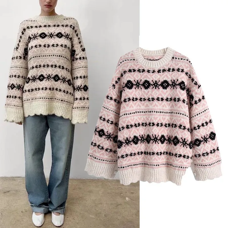 

2021 Warm Jacquard Knit Sweater Women Long Sleeve O Neck Loose Sweaters with Side Vents Oversized Elegant Chic Autumn Jumpers