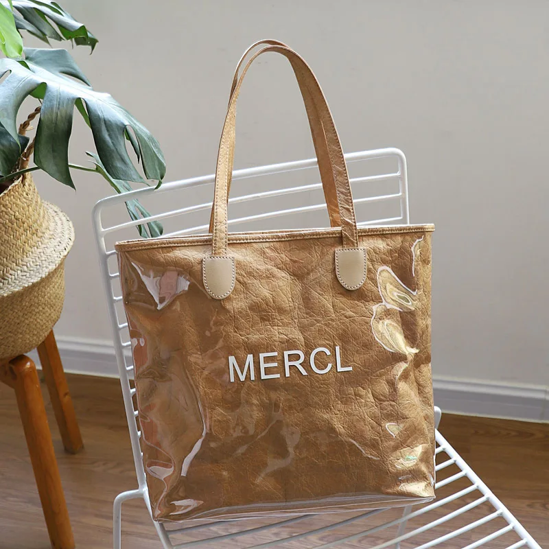 

New Letter Shoulder Bag Ins Double Transparent Pvc Handbag Waterproof Kraft Paper Shopping Bag