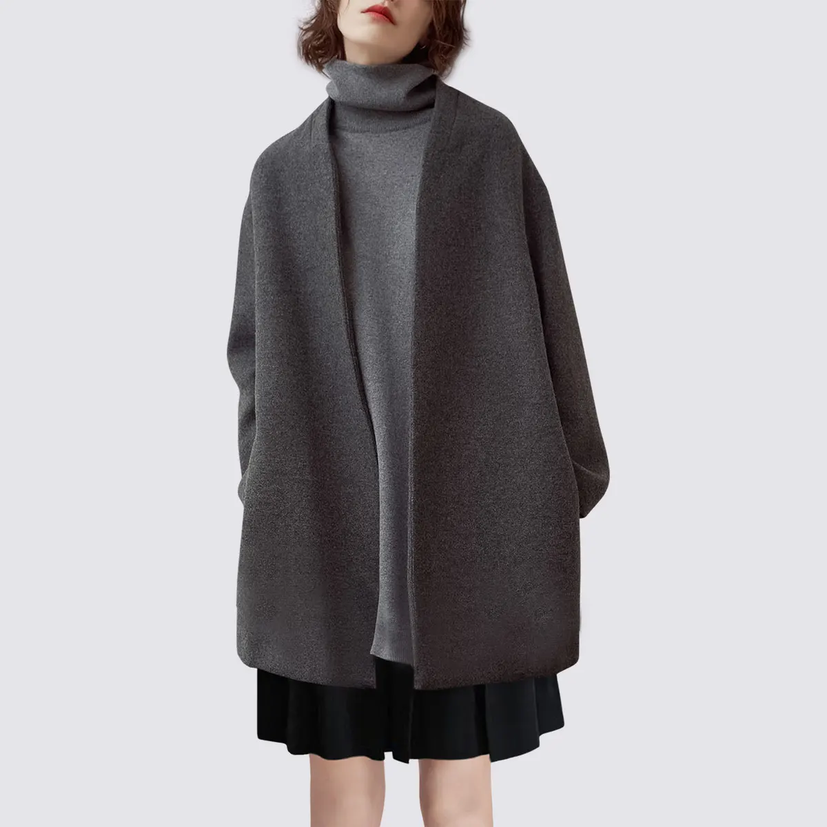 

Fashion gray long-sleeved V-neck wool tweed jacket in the long section 2021 winter new small tweed coat